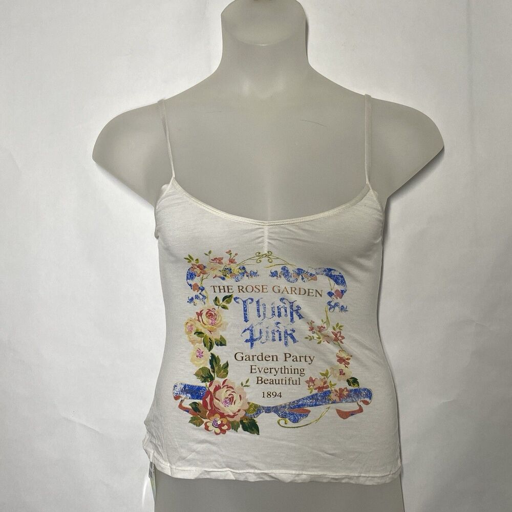 AGUA DOCE Tank Women L White Sequin Floral Think Pink Rose Garden Stretch Brazil